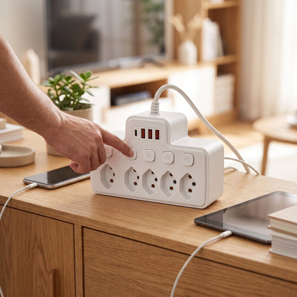 Mehrfachsteckdose mit Schalter, 5 Steckplätze und 4 USB-Ports – USB-C, Überspannungsschutz