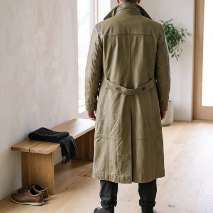Lederjacke Herren lang aus 100 % Echtleder – Regular Fit mit Knopfverschluss für Herbst und Winter