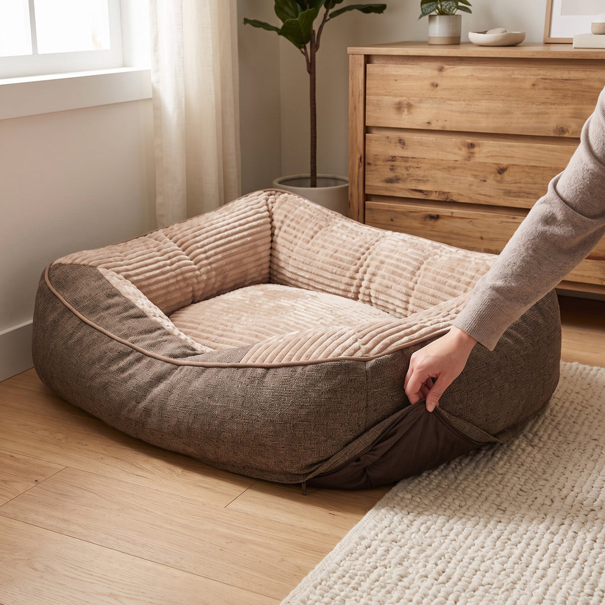Hundebett mit erhöhtem Kopfkissen – waschbarer Bezug aus Kristallsamt, 3 Grössen XL bis 3XL