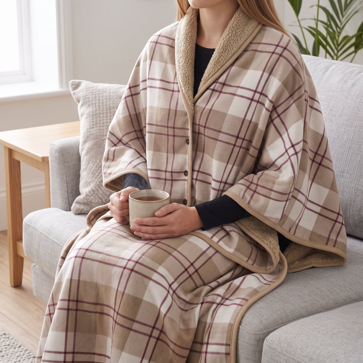 Tragbare Kuscheldecke mit Knöpfen – wendbares Plüsch-Cape, 2 Grössen für Büro, Zuhause und Auto