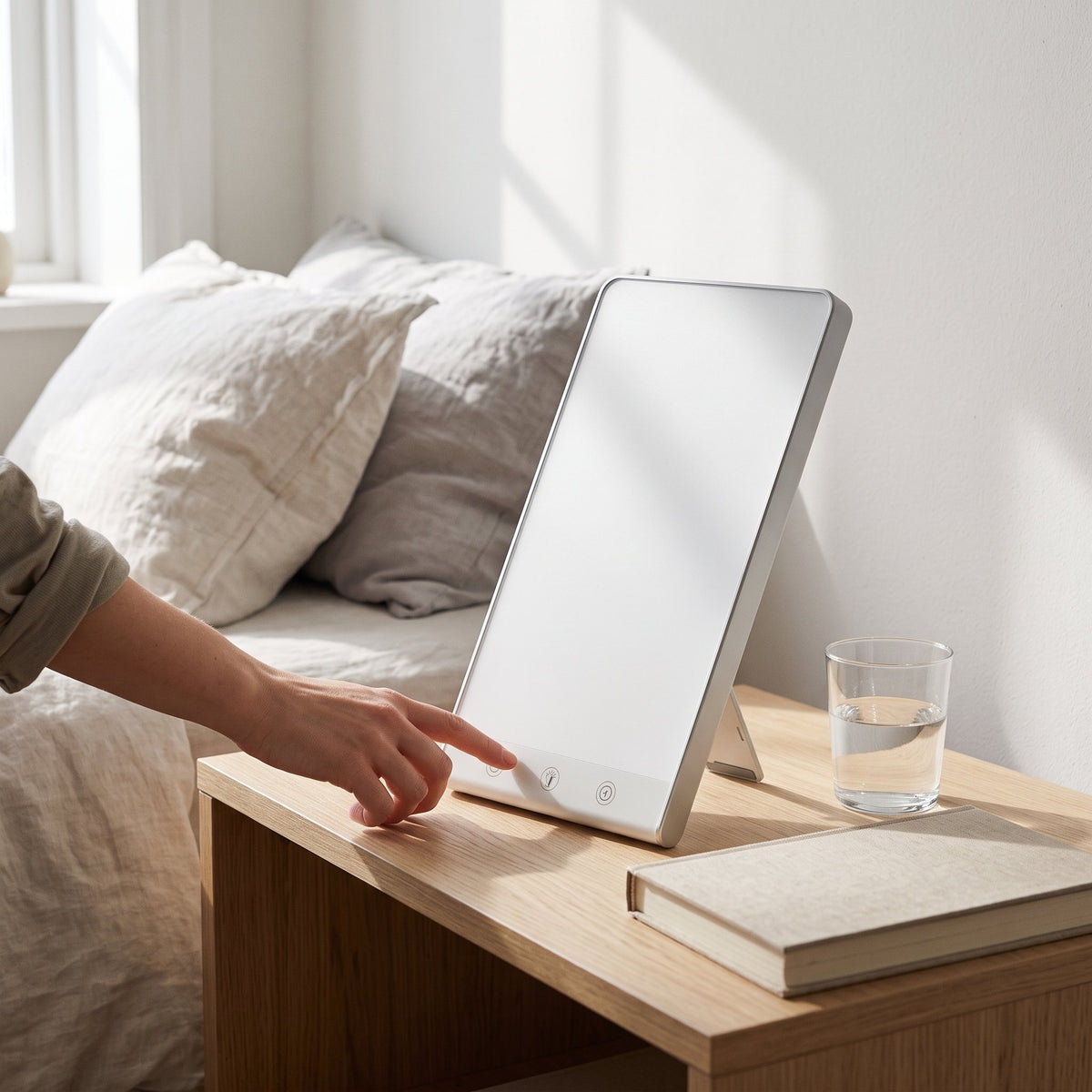 Tageslichtlampe bis 10 000 Lux mit Tischfuss – dimmbar, flach, für Schreibtisch und Nachttisch
