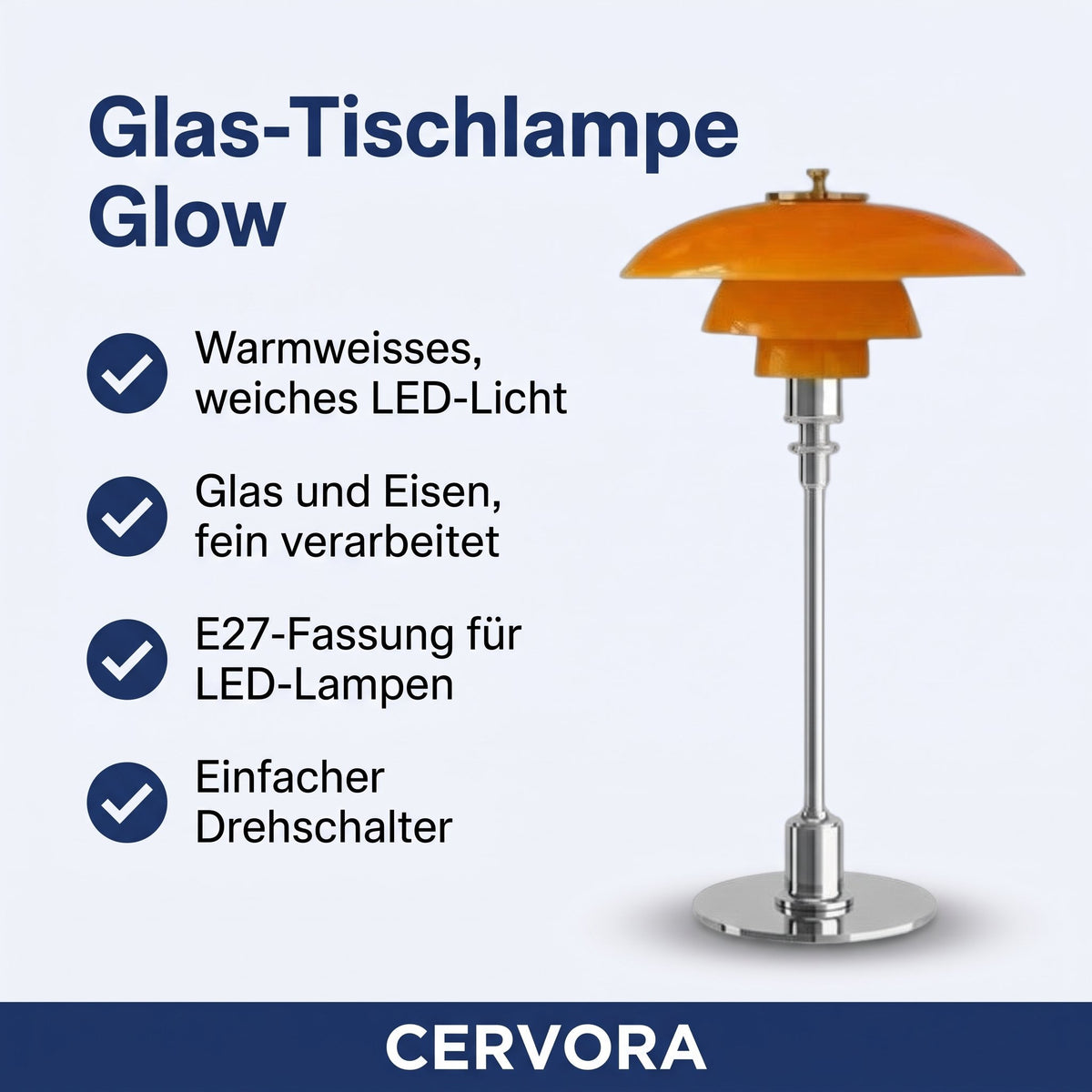 Tischlampe Glow aus geschichtetem Glas mit Metallfuss, leuchtet warmweiss