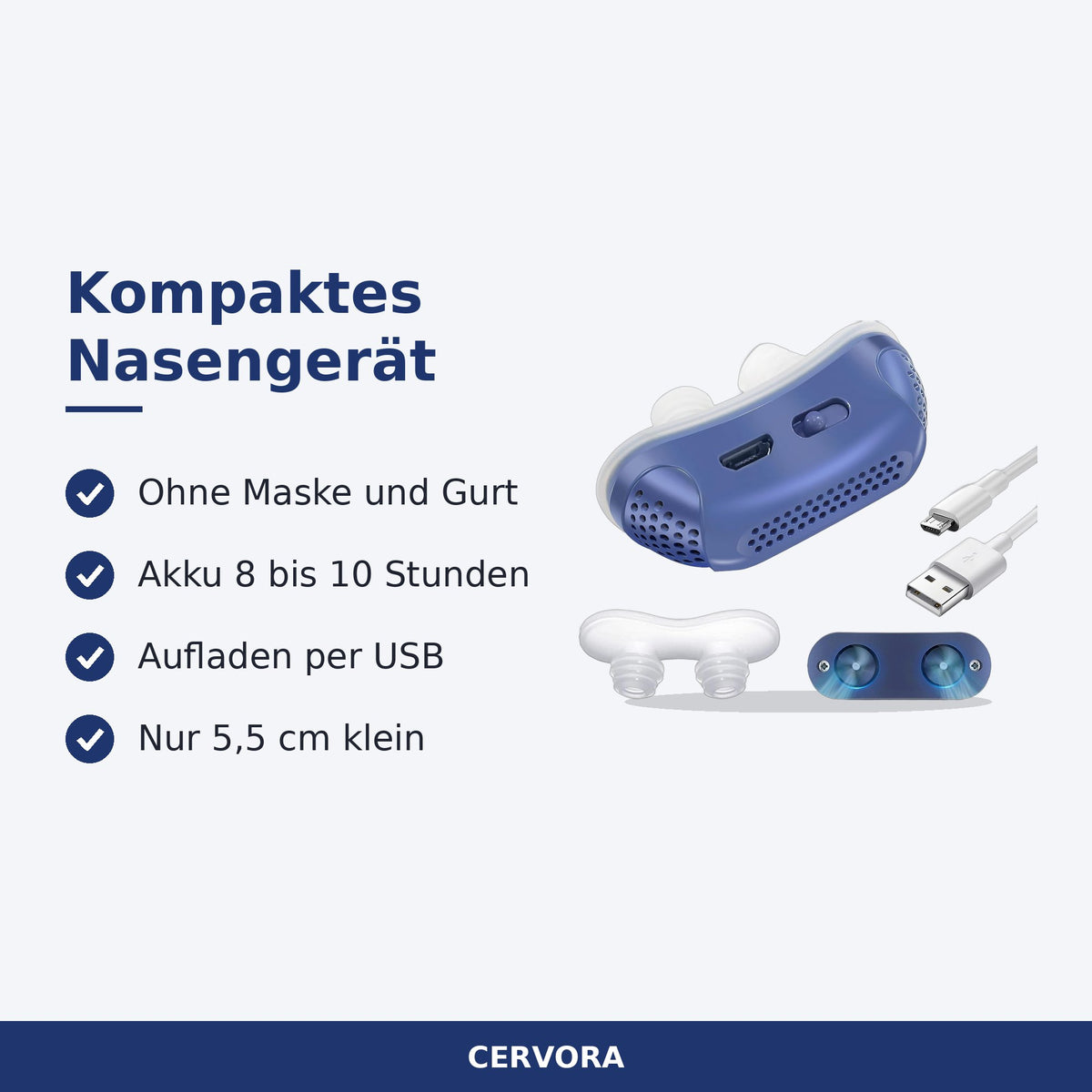 Blaues kompaktes Nasengerät mit Silikon-Aufsätzen und USB-Ladekabel