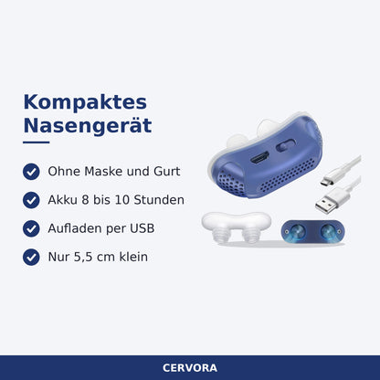 Blaues kompaktes Nasengerät mit Silikon-Aufsätzen und USB-Ladekabel