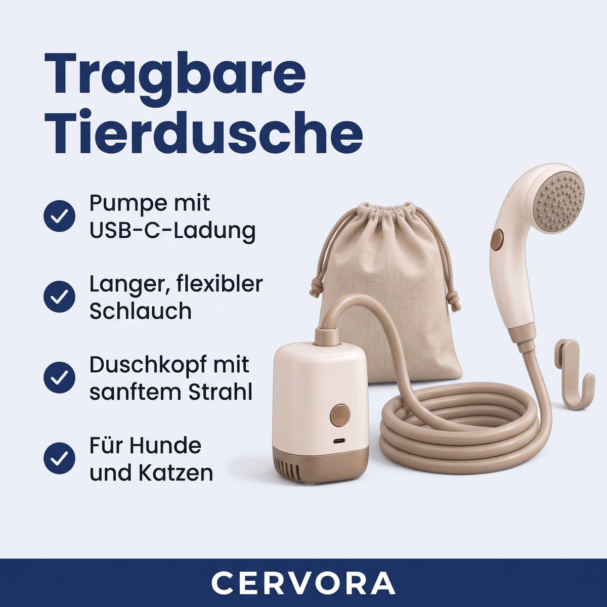 Tragbare Tierdusche mit USB-C-Pumpe, Schlauch, Duschkopf und Aufbewahrungstasche für Hunde und Katzen