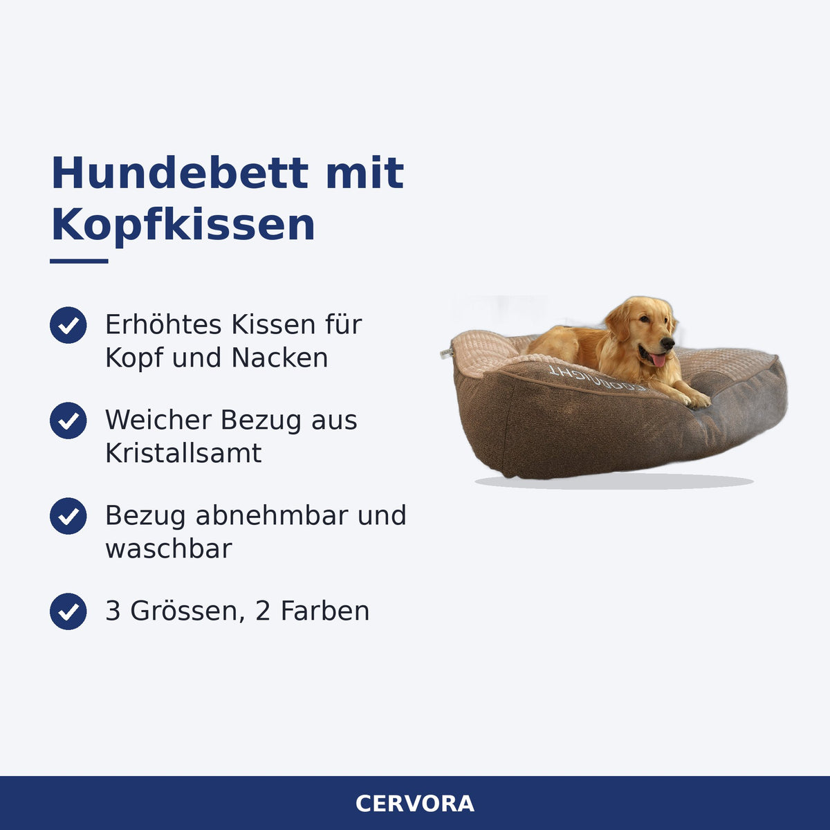 Graues Hundebett mit erhöhtem Kopfkissen und abnehmbarem Bezug aus Kristallsamt