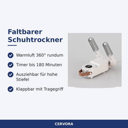 Faltbarer elektrischer Schuhtrockner mit zwei Trockenarmen und Tragegriff