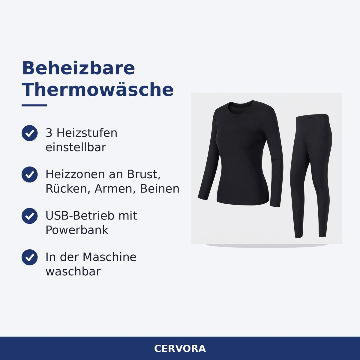 Beheizbare Thermounterwäsche als Set aus Oberteil und Hose mit Heizzonen und USB-Anschluss