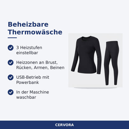 Beheizbare Thermounterwäsche als Set aus Oberteil und Hose mit Heizzonen und USB-Anschluss