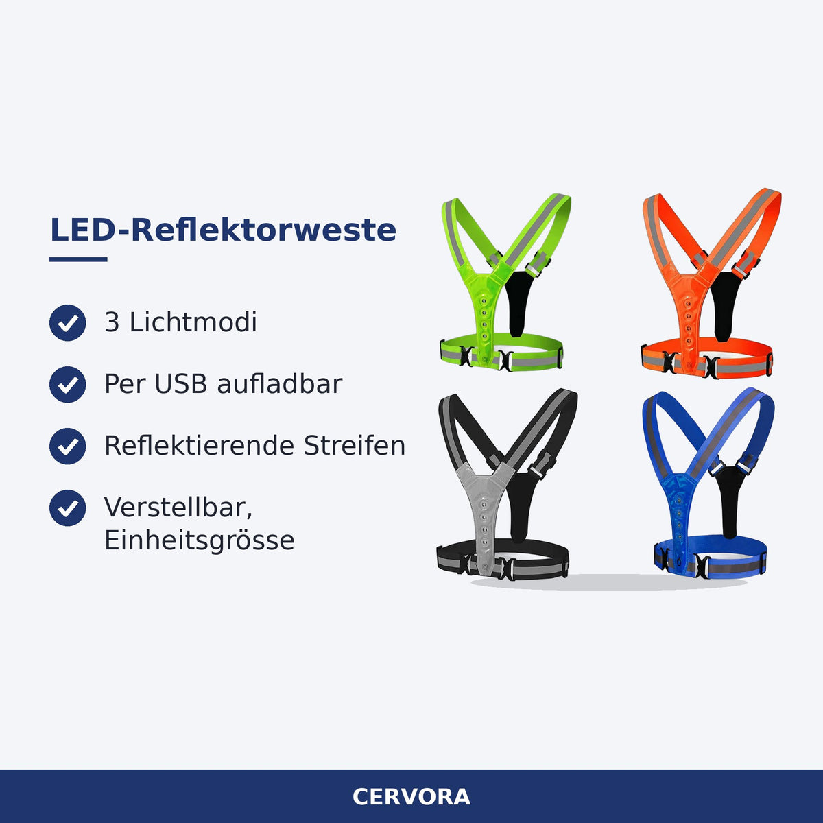 LED-Reflektorweste mit Y-förmigem Gurtsystem und reflektierenden Streifen