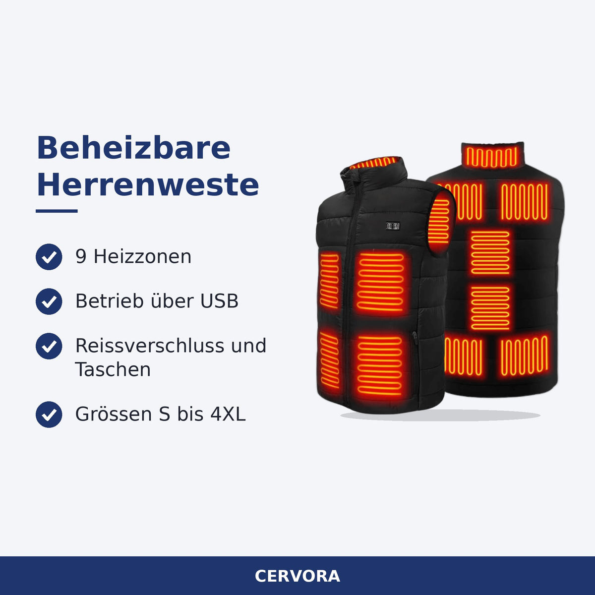 Schwarze beheizbare Herrenweste mit Reissverschluss, Umlegekragen und Taschen