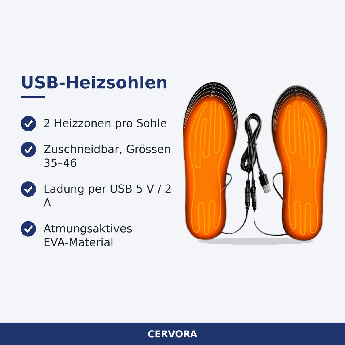 Beheizbare USB-Einlegesohlen mit zwei Heizzonen und Ladekabel