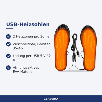 Beheizbare USB-Einlegesohlen mit zwei Heizzonen und Ladekabel