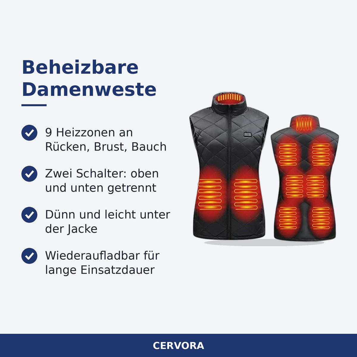 Schwarze beheizbare Damenweste mit 9 Heizzonen und zwei Schaltern