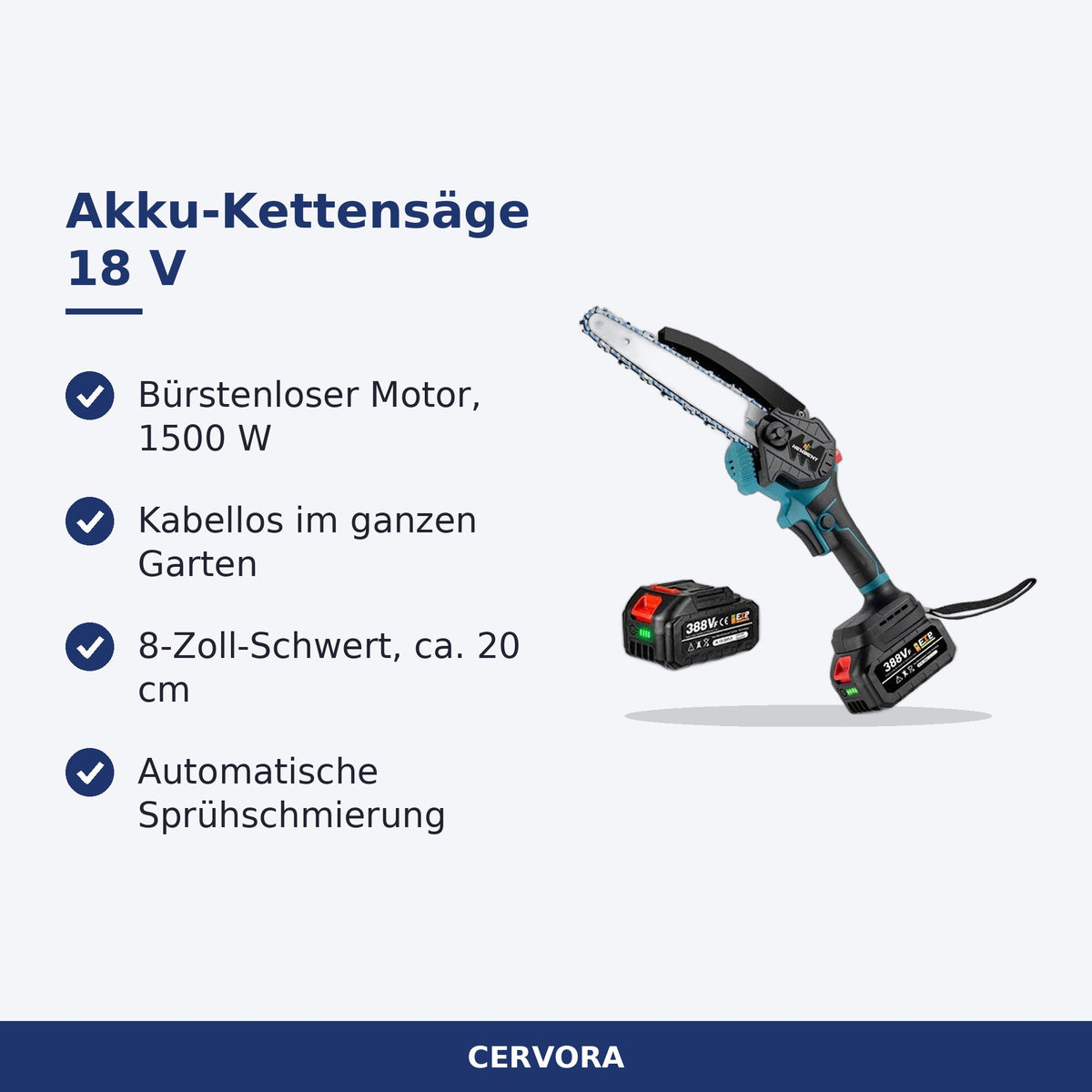 Akku-Kettensäge 18 V mit 8-Zoll-Schwert und Gummigriff