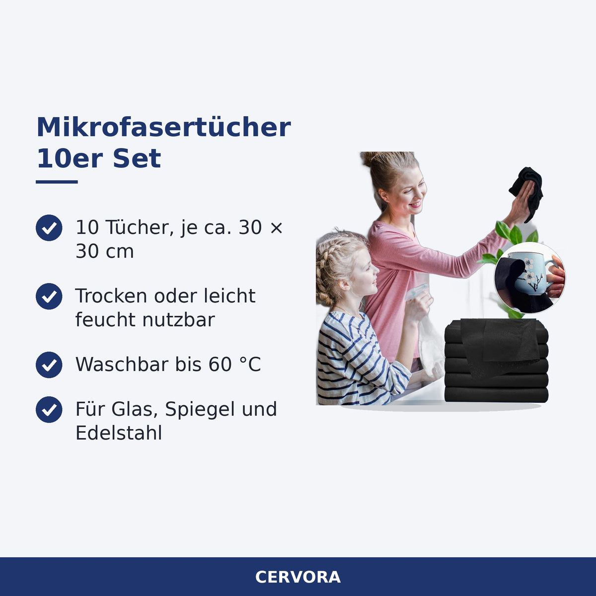 Set mit 10 Mikrofasertüchern, 30 × 30 cm, für Fenster, Spiegel und Edelstahl