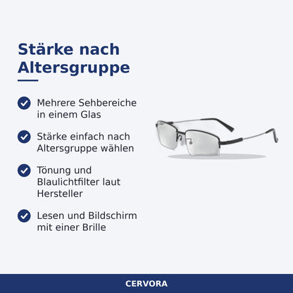 Schwarze Gleitsicht-Lesebrille mit Mehrzonen-Gläsern auf einem Holztisch