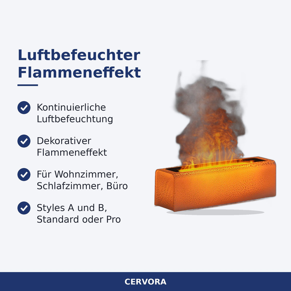 Luftbefeuchter mit Flammeneffekt auf einem Holzsideboard im Wohnzimmer