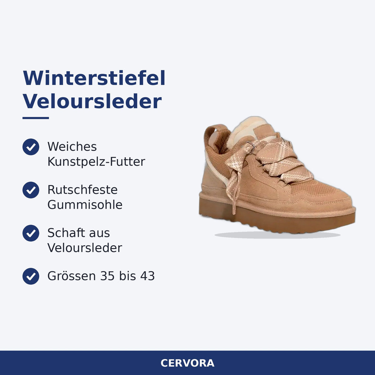 Damen-Winterstiefel aus sandfarbenem Veloursleder mit Kunstpelz-Futter