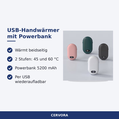 Wiederaufladbarer USB-Handwärmer mit digitalem Display und Powerbank-Funktion im Taschenformat