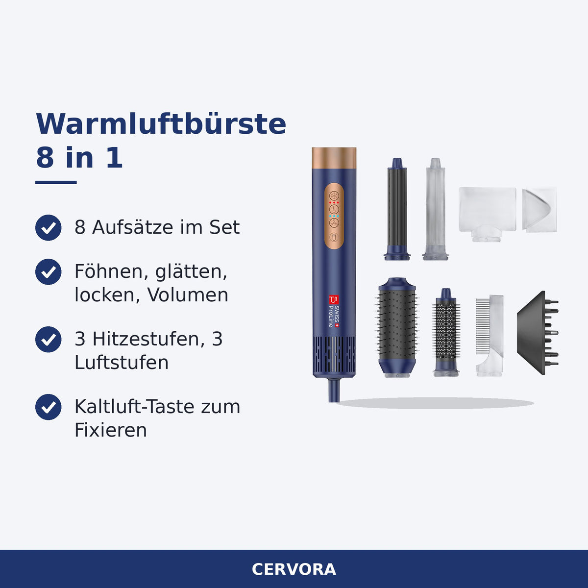 Warmluftbürste 8 in 1 mit Ionentechnologie und 8 Aufsätzen