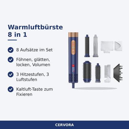 Warmluftbürste 8 in 1 mit Ionentechnologie und 8 Aufsätzen