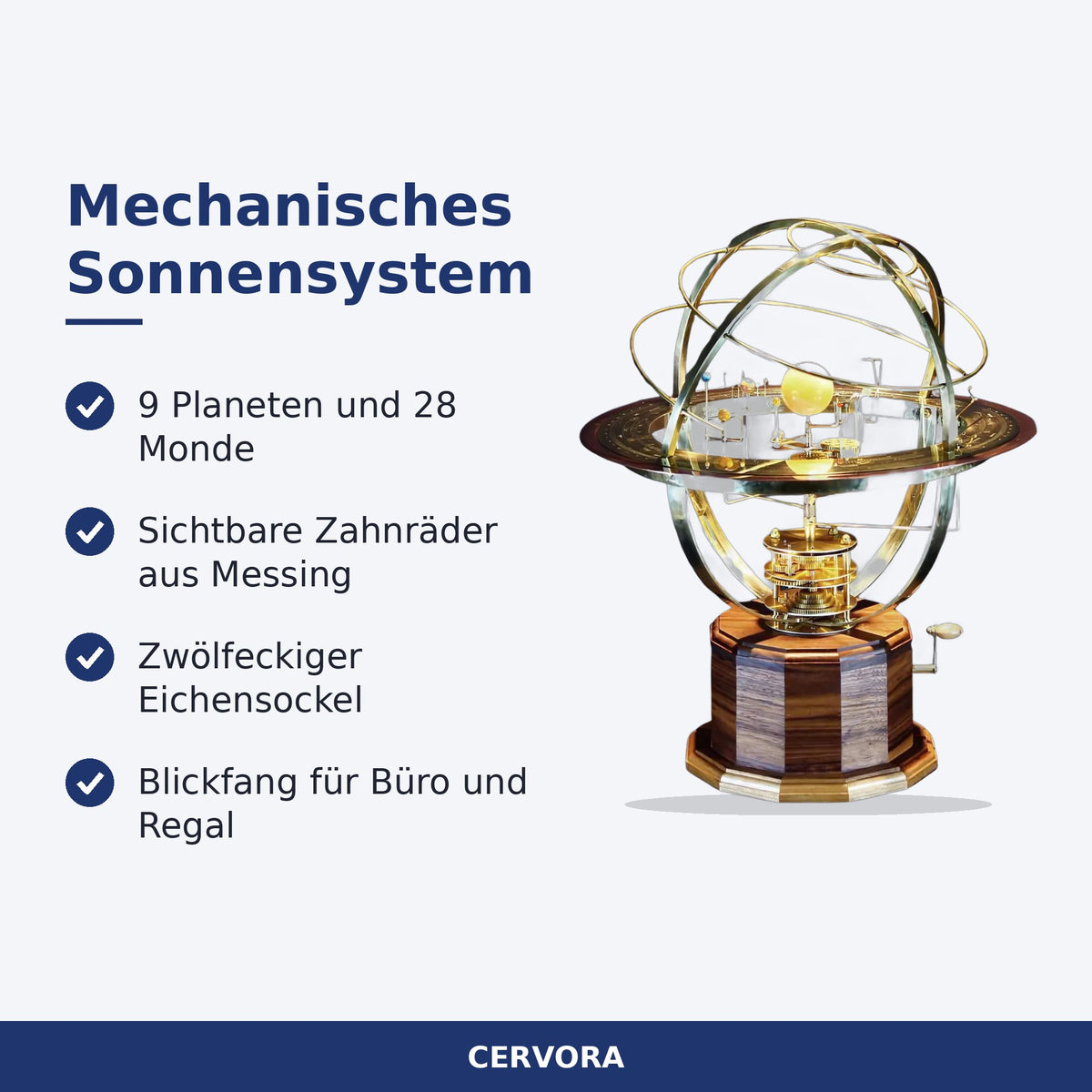 Mechanisches Sonnensystem-Modell mit Messing-Zahnrädern und zwölfeckigem Eichensockel
