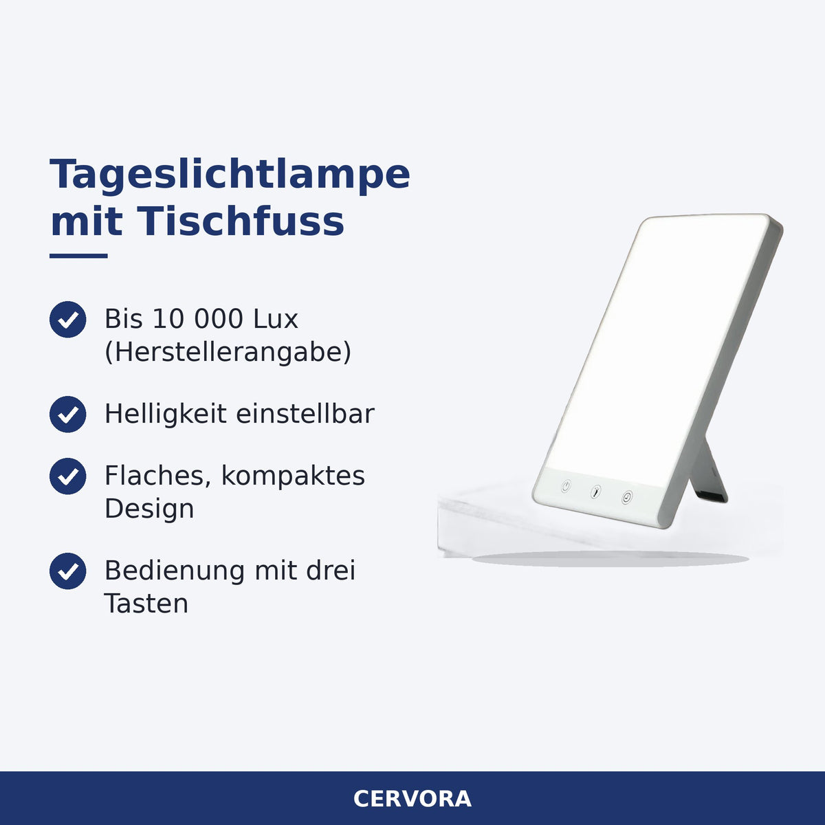 Flache Tageslichtlampe mit rechteckiger Leuchtfläche und Tischfuss auf einem Schreibtisch