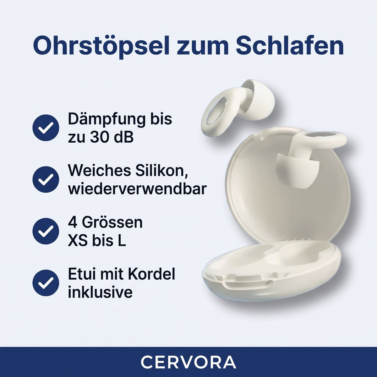 Wiederverwendbare Silikon-Ohrstöpsel mit Aufsätzen in vier Grössen und Etui mit Kordel