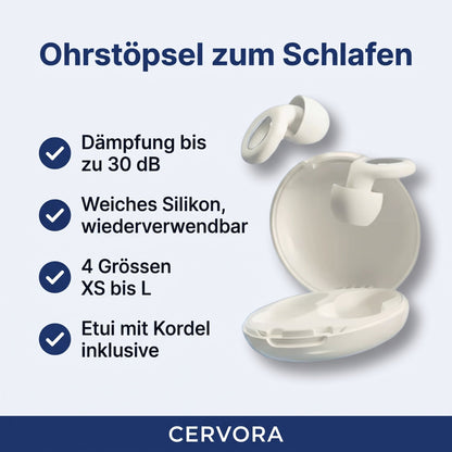 Wiederverwendbare Silikon-Ohrstöpsel mit Aufsätzen in vier Grössen und Etui mit Kordel