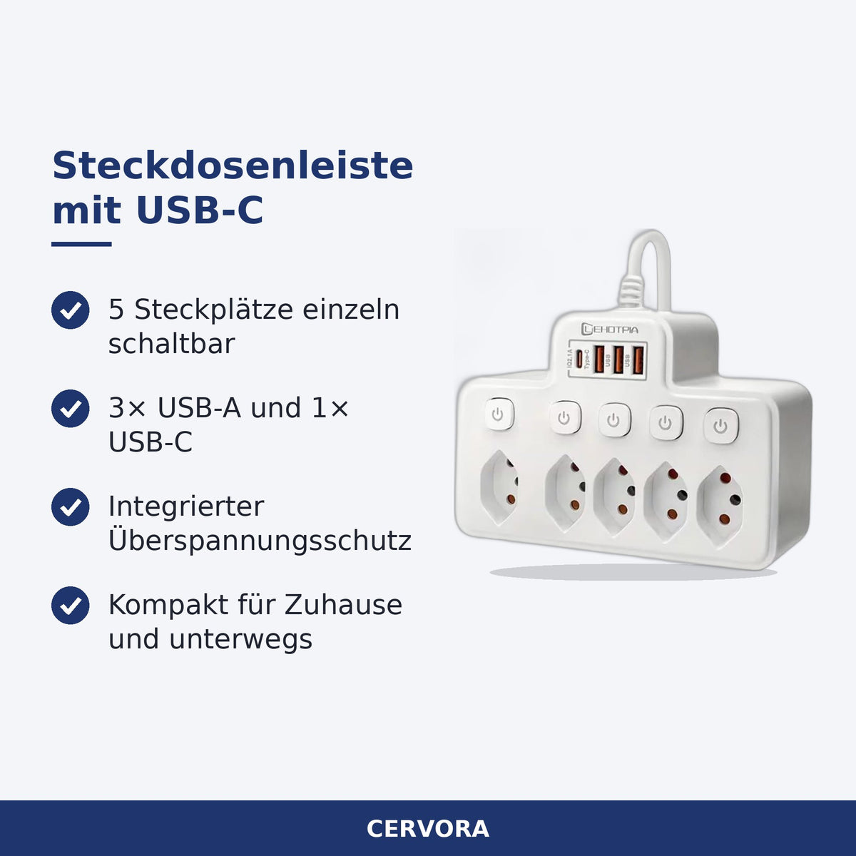 Kompakte weisse Mehrfachsteckdose mit 5 Einzelschaltern und 4 USB-Ports