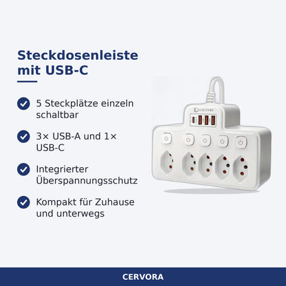 Kompakte weisse Mehrfachsteckdose mit 5 Einzelschaltern und 4 USB-Ports