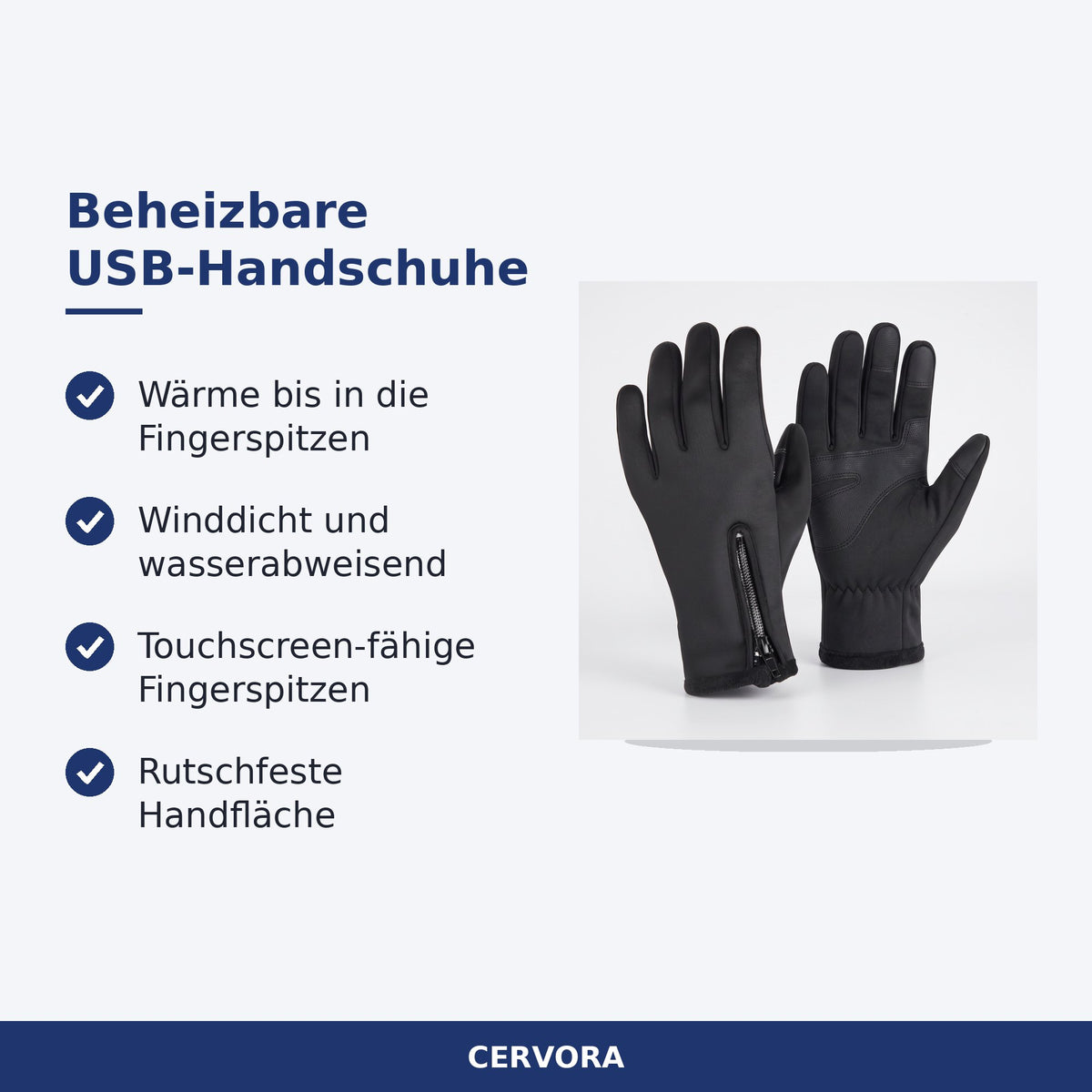 Schwarze beheizbare Handschuhe mit USB-Kabel und rutschfester Handfläche