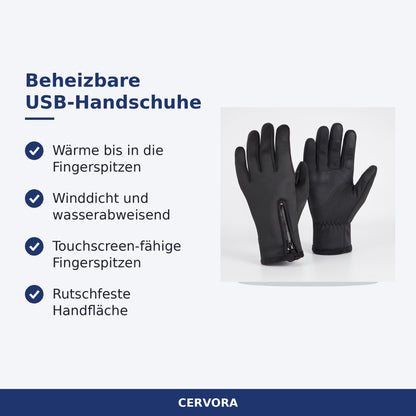 Schwarze beheizbare Handschuhe mit USB-Kabel und rutschfester Handfläche