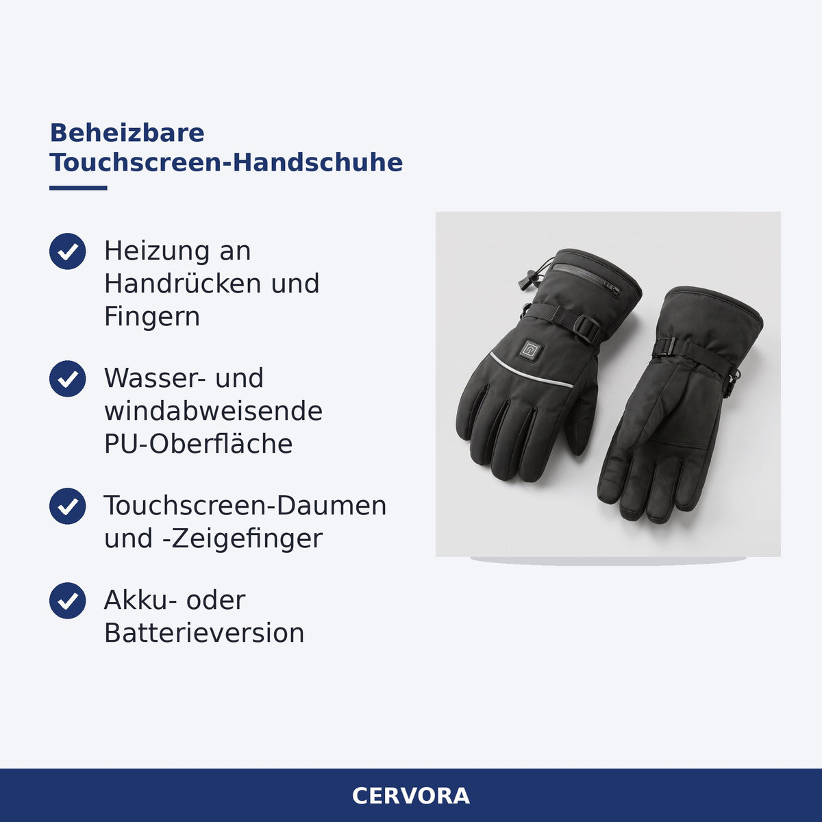 Schwarze beheizbare Winterhandschuhe mit Touchscreen-Fingerspitzen und Klettverschluss
