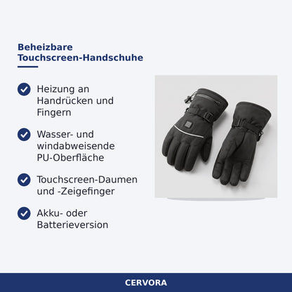 Schwarze beheizbare Winterhandschuhe mit Touchscreen-Fingerspitzen und Klettverschluss
