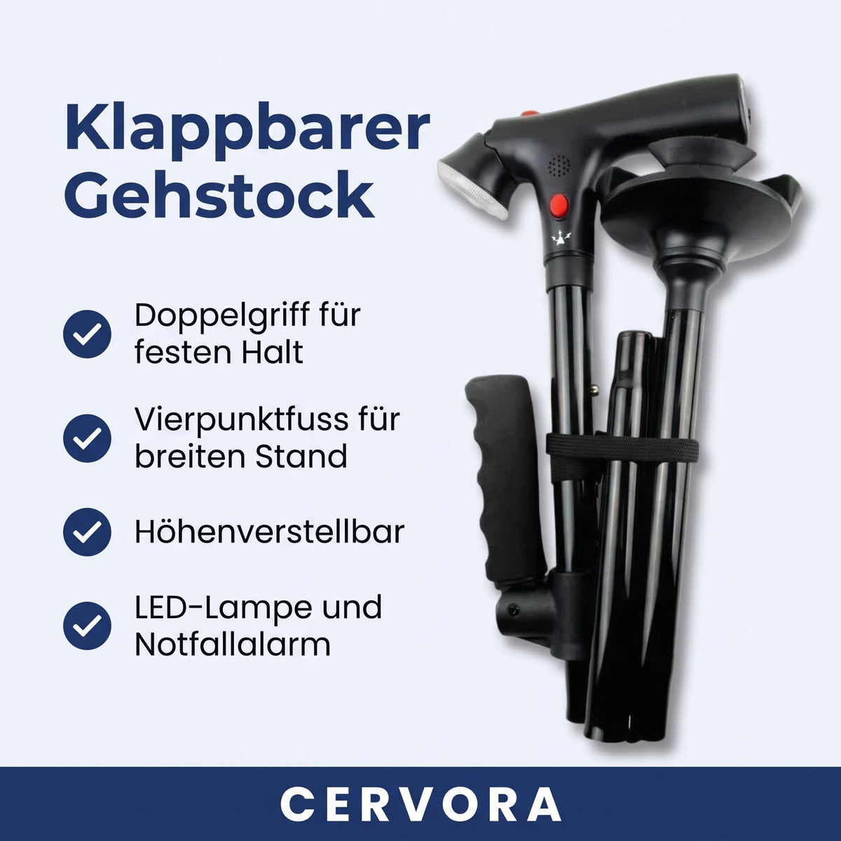 Schwarzer klappbarer Gehstock mit Doppelgriff, Vierpunktfuss und integrierter LED-Lampe