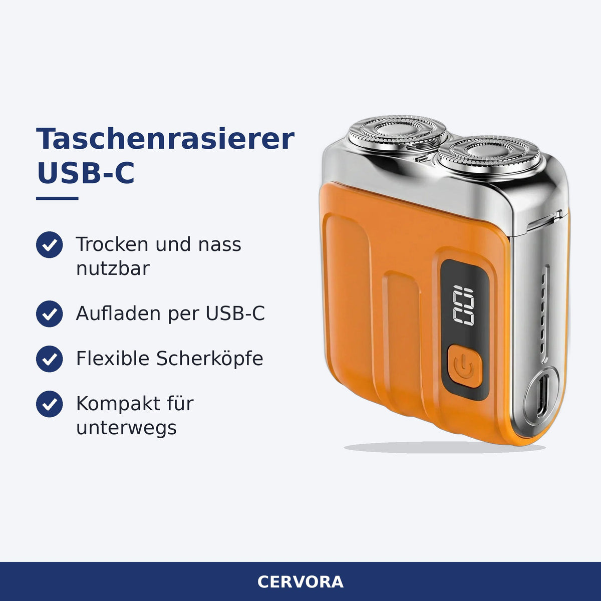 Kompakter elektrischer Taschenrasierer für Herren mit USB-C-Ladekabel und Reinigungsbürste