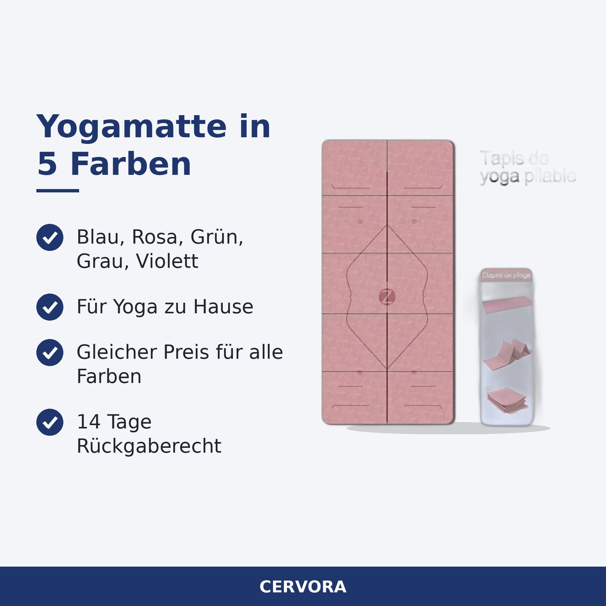 Yogamatte in fünf Farben: Blau, Rosa, Grün, Grau und Violett
