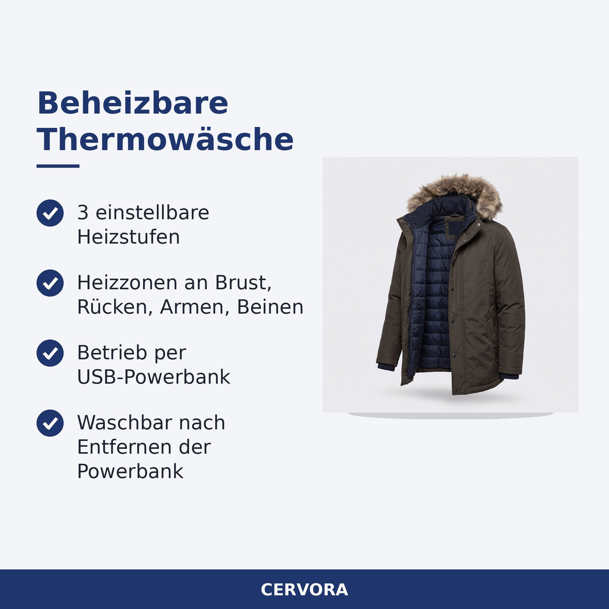 Beheizbare Thermounterwäsche mit USB-Anschluss als Set aus Oberteil und Hose