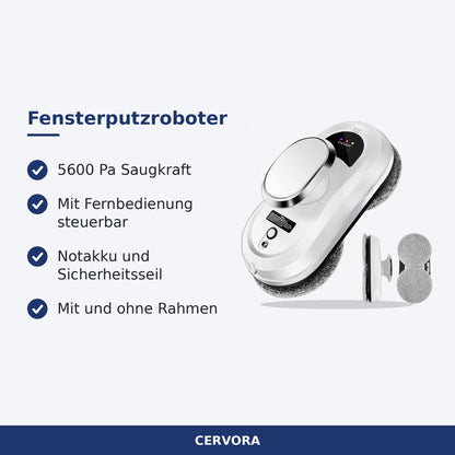 Weisser Fensterputzroboter mit Fernbedienung und Sicherheitsseil