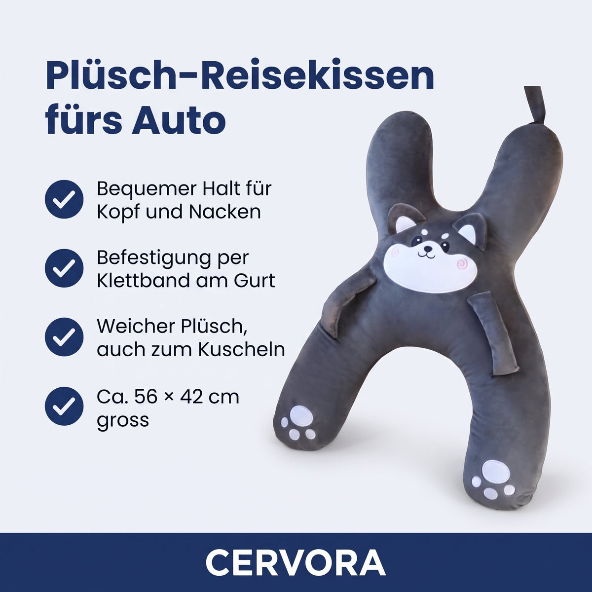 Weiches Plüsch-Reisekissen in Tierform für Kinder, am Sicherheitsgurt befestigt