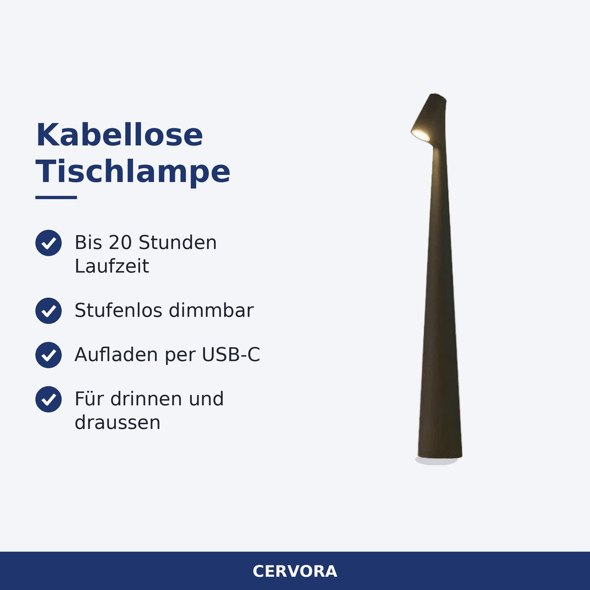 Kabellose Tischlampe mit warmweissem LED-Licht auf einem Tisch