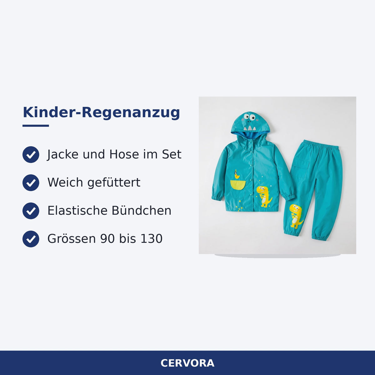 Kinder-Regenanzug mit Kapuzenjacke und Hose in Blau mit Dinosaurier-Motiv und in Rosa mit Einhorn-Motiv