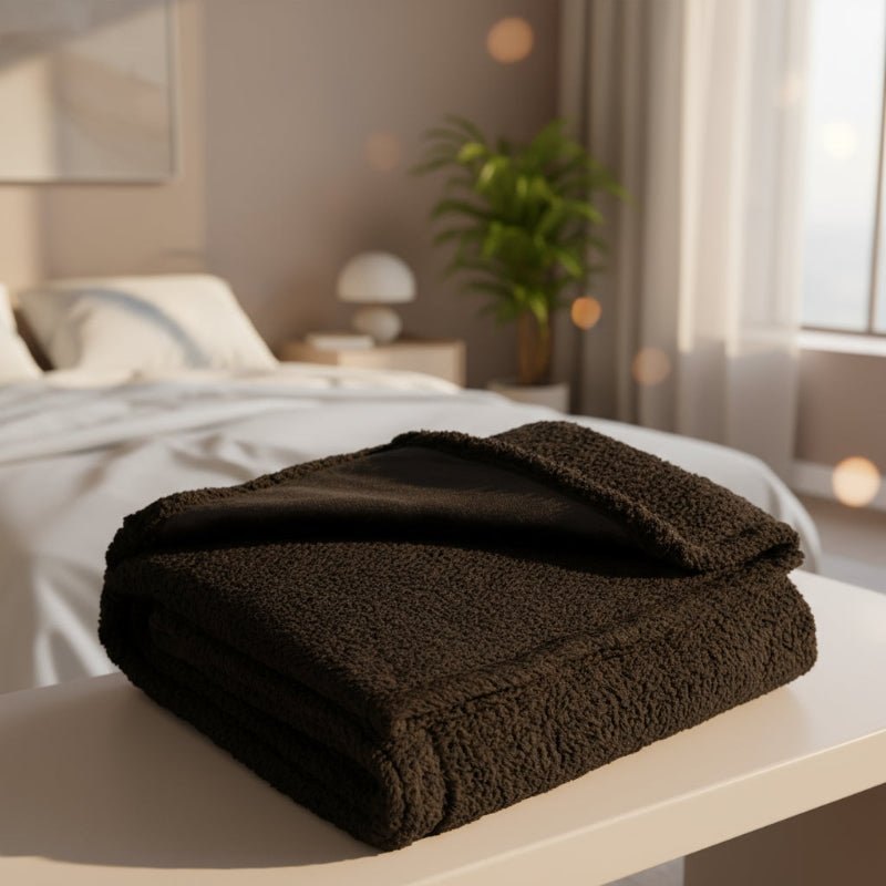 Wasserdichte graue Microfleece-Decke mit TPU-Schicht auf einem Bett