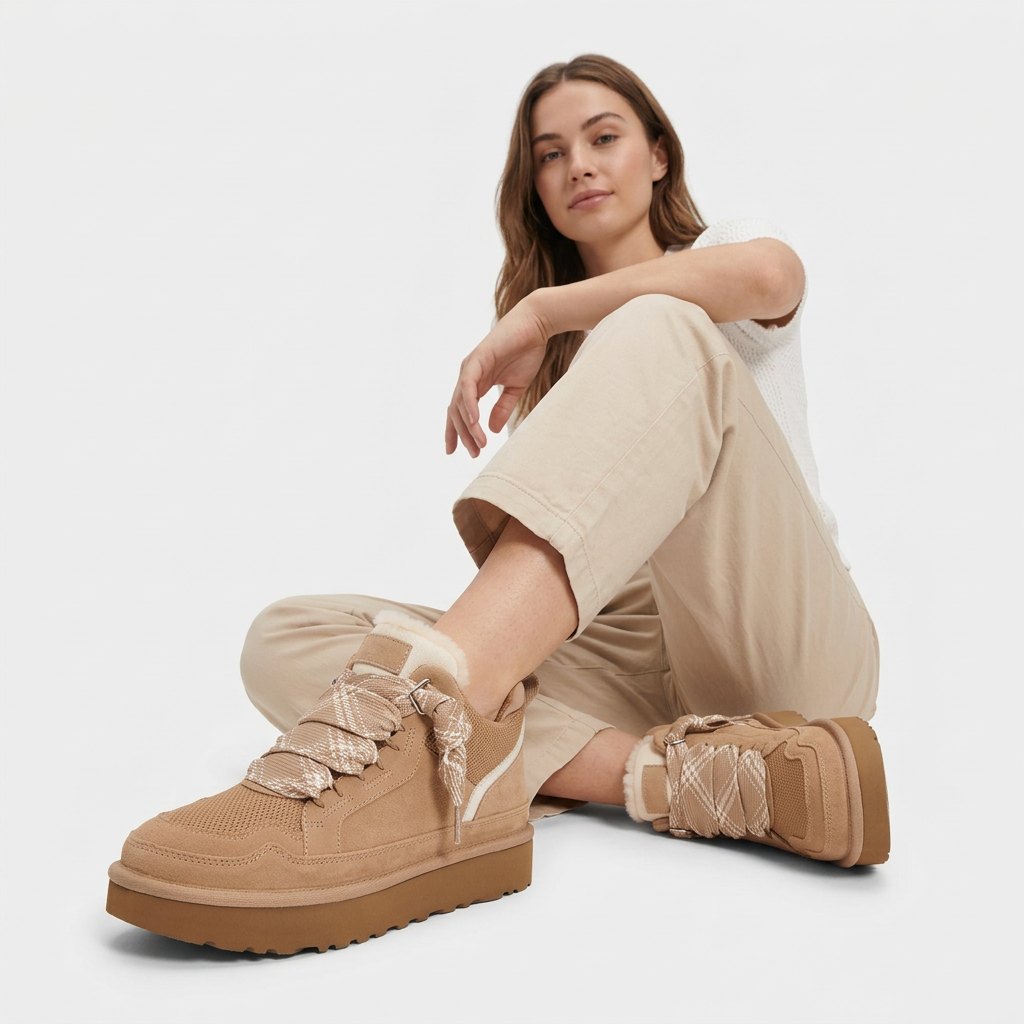 Damen-Winterstiefel aus sandfarbenem Veloursleder mit Kunstpelz-Futter