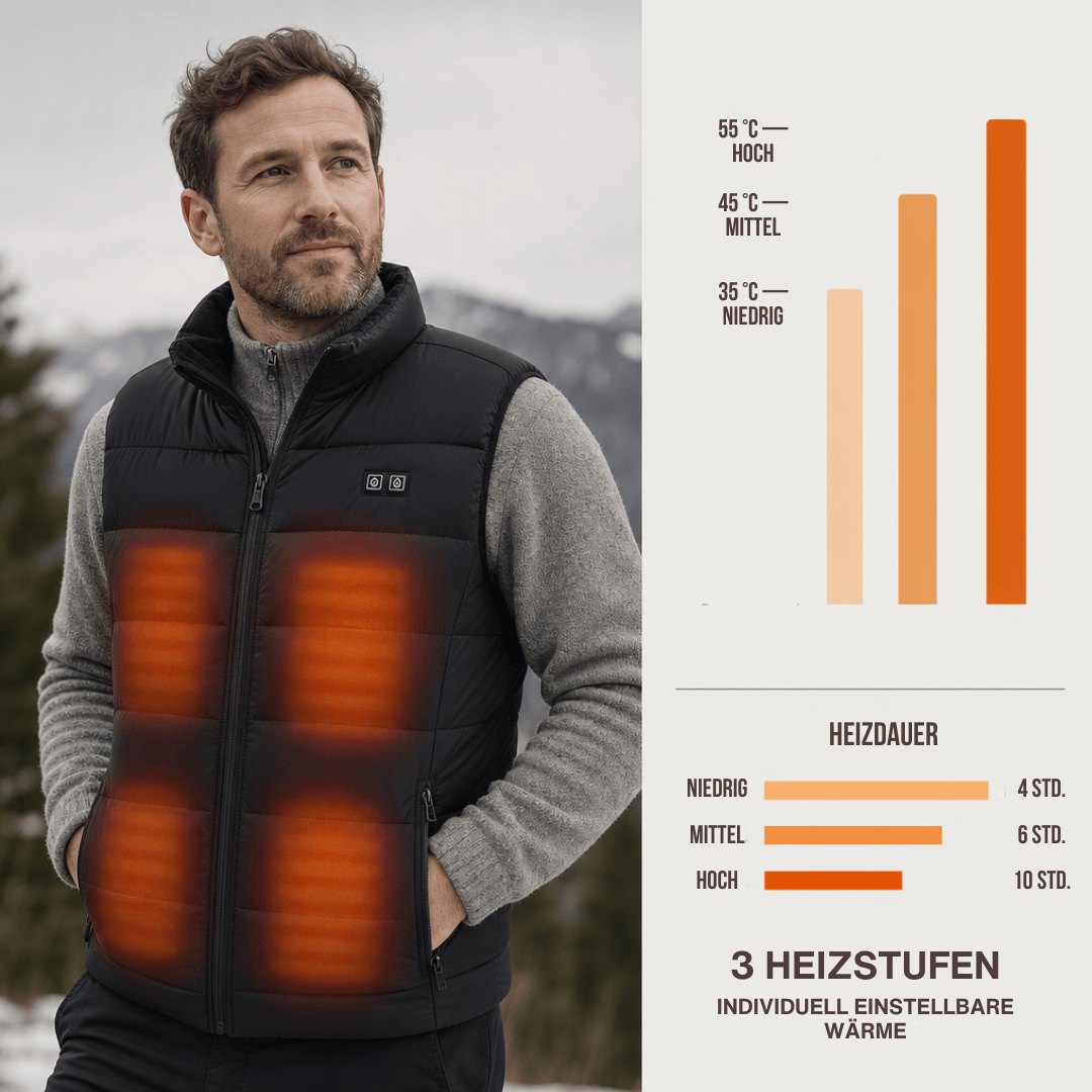 Schwarze beheizbare Herrenweste mit Reissverschluss, Umlegekragen und Taschen