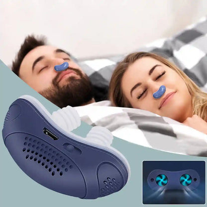 Blaues kompaktes Nasengerät mit Silikon-Aufsätzen und USB-Ladekabel