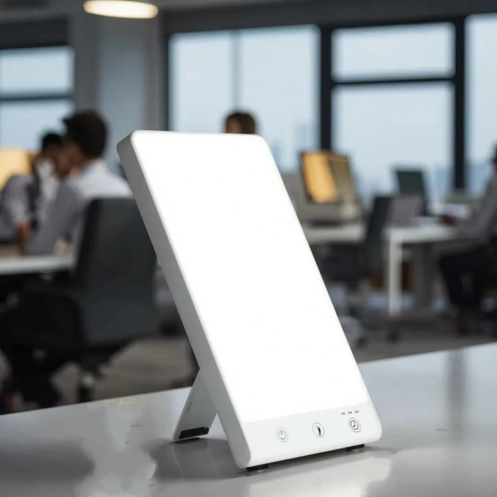 Flache Tageslichtlampe mit rechteckiger Leuchtfläche und Tischfuss auf einem Schreibtisch
