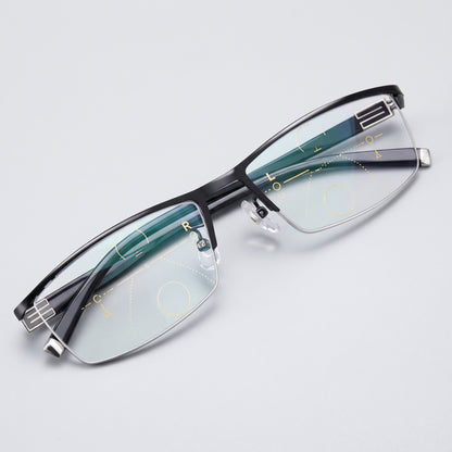 Schwarze Gleitsicht-Lesebrille mit Mehrzonen-Gläsern auf einem Holztisch